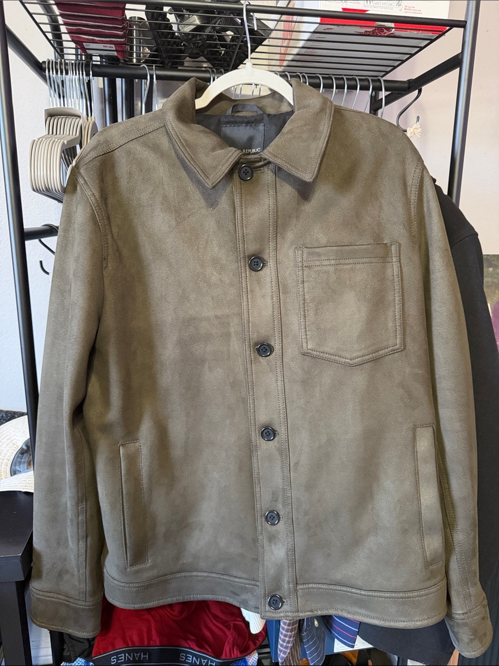 Men's Vegan Suede Button-Up Jacket in Olive Green
